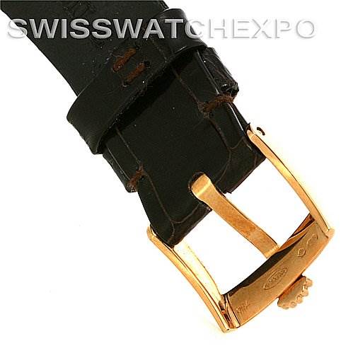 The image shows the buckle and part of the leather strap of a Rolex Cellini 5112 Men's Yellow Gold Champagne Dial 5112 Men's Yellow Gold Champagne Dial watch, viewed from above.