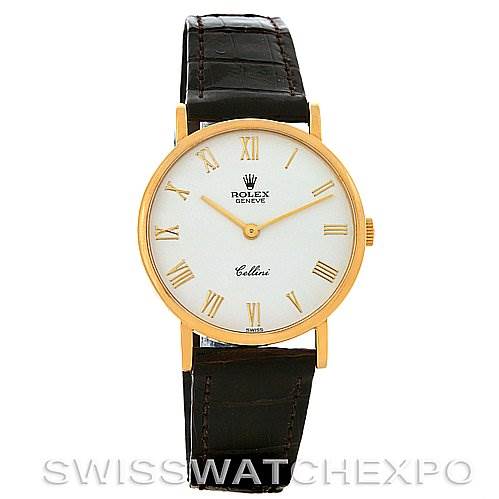 The image displays a front view of the Rolex Cellini 5112 Yellow Gold  5112 Yellow Gold  watch, focusing on the dial, case, and leather strap.