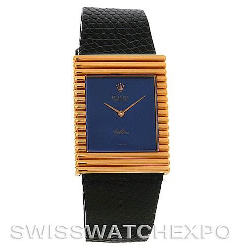 This image shows a Rolex Cellini 4012 Men
s Yellow Gold Blue Dial 4012 Men
s Yellow Gold Blue Dial watch with a square gold bezel, blue dial, and black leather strap, viewed from the front.