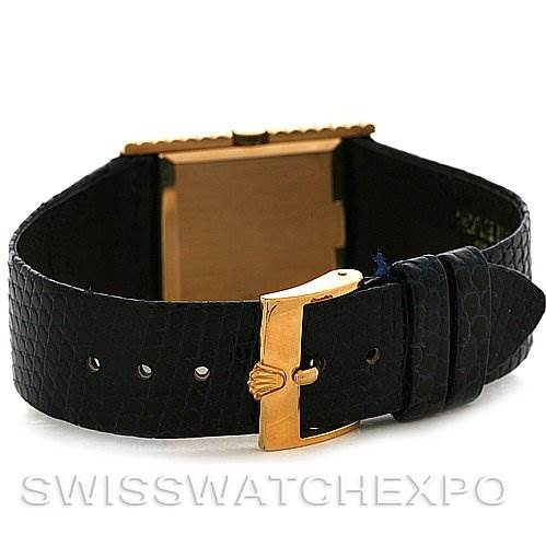 The image shows the back view of a Rolex Cellini 4012 Men
s Yellow Gold Blue Dial 4012 Men
s Yellow Gold Blue Dial watch, highlighting the buckle and black leather strap.