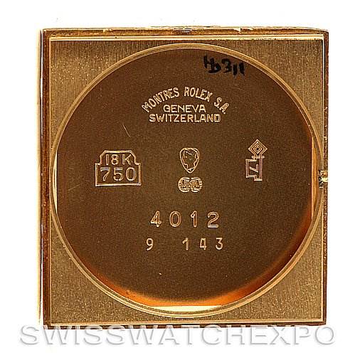 The image shows the inner case back of a Rolex Cellini 4012 Men
s Yellow Gold Blue Dial 4012 Men
s Yellow Gold Blue Dial watch, featuring markings and the model number.