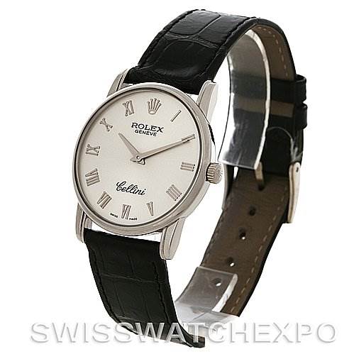 The image shows a Rolex Cellini 5116/9 White Gold Silver Dial 5116/9 White Gold Silver Dial watch from a front angle, highlighting its face, Roman numeral indices, black leather strap, and silver case.