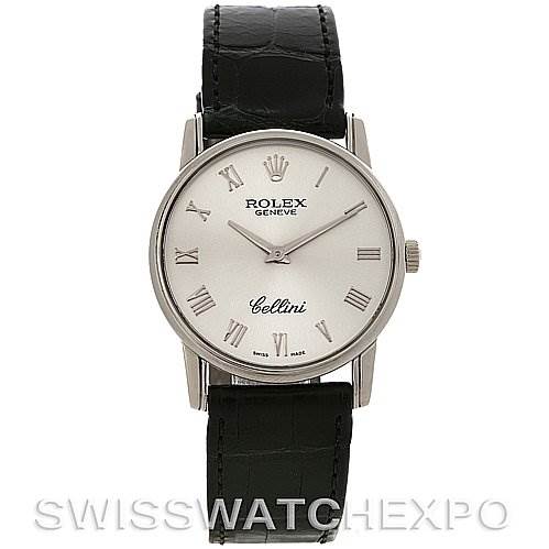 This Rolex Cellini 5116/9 White Gold Silver Dial 5116/9 White Gold Silver Dial model watch is shown from the front, displaying its face, Roman numerals, and leather strap.
