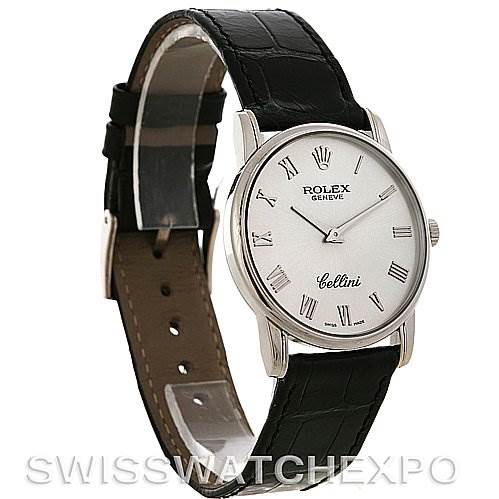 The image shows a side and front view of the Rolex Cellini 5116/9 White Gold Silver Dial 5116/9 White Gold Silver Dial watch with its black leather strap and classic round dial.