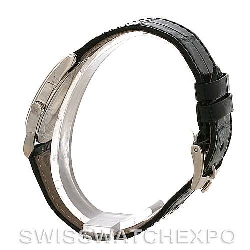 This image shows a side view of a Rolex Cellini 5116/9 White Gold Silver Dial 5116/9 White Gold Silver Dial watch, focusing on the leather strap and clasp.