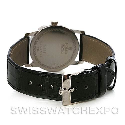 The image shows the back of a Rolex Cellini 5116/9 White Gold Silver Dial 5116/9 White Gold Silver Dial watch, highlighting the leather strap and the clasp.