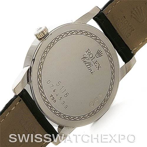 The image shows the back case and leather straps of a Rolex Cellini 5116/9 White Gold Silver Dial 5116/9 White Gold Silver Dial watch.