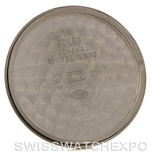 The image shows the interior back case of a Rolex Cellini 5116/9 White Gold Silver Dial 5116/9 White Gold Silver Dial watch, displaying various engravings and markings.