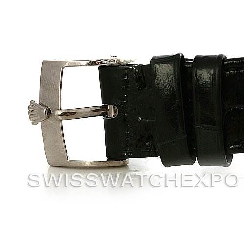 This image shows the buckle and strap of the Rolex Cellini 5116/9 White Gold Silver Dial 5116/9 White Gold Silver Dial watch, featuring the iconic Rolex crown on the buckle.