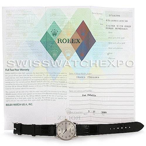 The image shows a Rolex Cellini 5116/9 White Gold Silver Dial 5116/9 White Gold Silver Dial watch placed in front of its warranty documents, taken from a top-down angle.