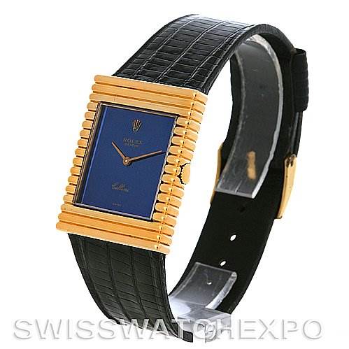 The image shows a Rolex Cellini 4012 Men's Yellow Gold Blue Dial 4012 Men's Yellow Gold Blue Dial watch at a slight angle, displaying the rectangular face, gold casing, and black leather strap.