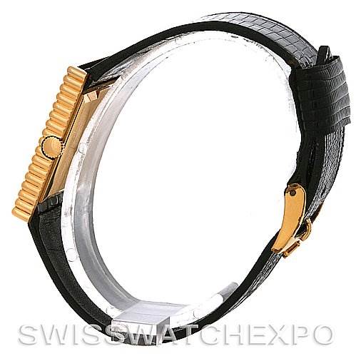 The image shows a side view angle of a Rolex Cellini 4012 Men's Yellow Gold Blue Dial 4012 Men's Yellow Gold Blue Dial watch, highlighting its black strap and gold clasp.