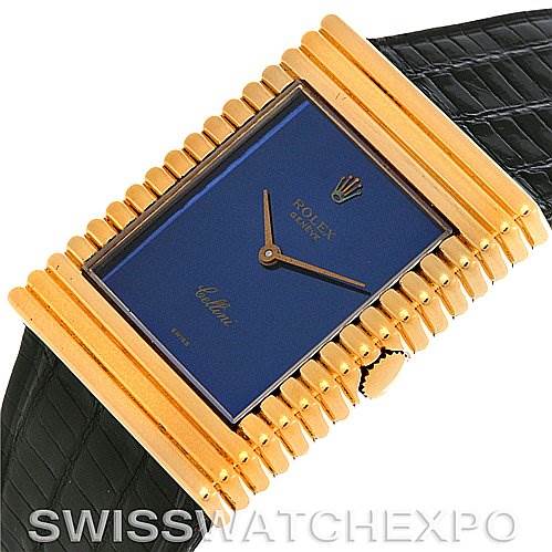 This image shows the face, bezel, and strap of the Rolex Cellini 4012 Men's Yellow Gold Blue Dial 4012 Men's Yellow Gold Blue Dial watch at an angle highlighting its rectangular design.