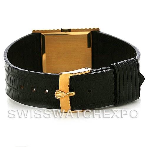 The image shows the back of the Rolex Cellini 4012 Men's Yellow Gold Blue Dial 4012 Men's Yellow Gold Blue Dial watch, highlighting the black leather strap and gold buckle.