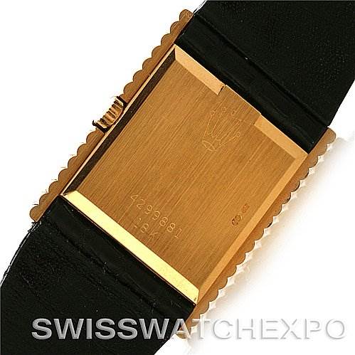 The image shows the back case of a Rolex Cellini 4012 Men's Yellow Gold Blue Dial 4012 Men's Yellow Gold Blue Dial watch, highlighting its gold finish and black leather strap.
