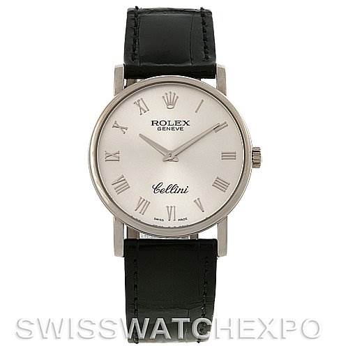 This image shows a front view of a Rolex Cellini 5115 White Gold Silver Dial 5115 White Gold Silver Dial watch with a white dial, Roman numerals, and a black leather strap.