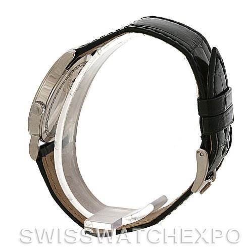 The image shows a side view of a Rolex Cellini 5115 White Gold Silver Dial 5115 White Gold Silver Dial watch, featuring the case side and black leather strap.