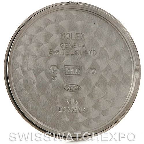 The image shows the inside case back of a Rolex Cellini 5115 White Gold Silver Dial 5115 White Gold Silver Dial watch viewed from a top angle, displaying the brand, model, and serial numbers.