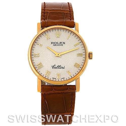 The image shows a frontal view of the Rolex Cellini 5115 Men's Yellow Gold Beige Dial 5115 Men's Yellow Gold Beige Dial watch, highlighting its face, dial, and brown leather strap.