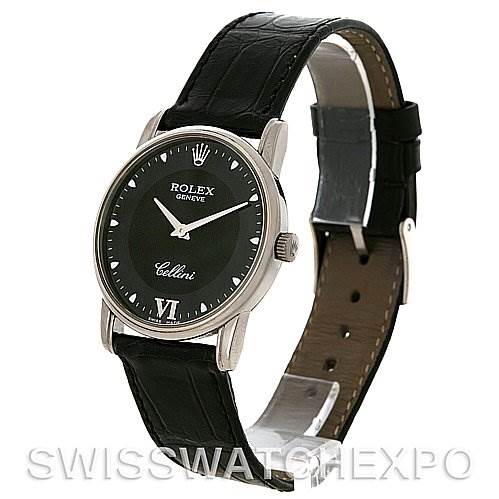 The image shows a side angle view of the Rolex Cellini 5116 White Gold Black Dial 5116 White Gold Black Dial watch featuring its round dial, crown, and black leather strap.