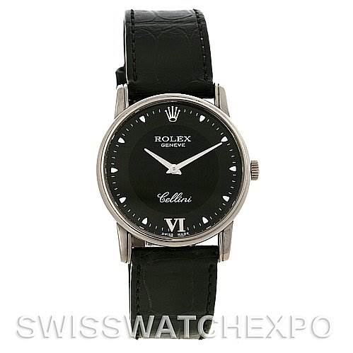 This image shows a front view of a Rolex Cellini 5116 White Gold Black Dial 5116 White Gold Black Dial watch, highlighting its black dial, silver hour markers, and black leather strap.