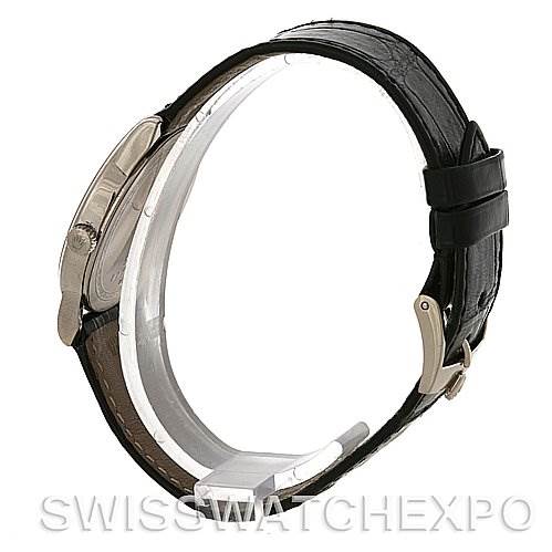 The image shows a side view of a Rolex Cellini 5116 White Gold Black Dial 5116 White Gold Black Dial watch, highlighting its leather strap and case sides.