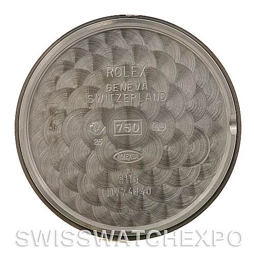 This image shows the inside of the back case of a Rolex Cellini 5116 White Gold Black Dial 5116 White Gold Black Dial watch, displaying various inscriptions and hallmarks.