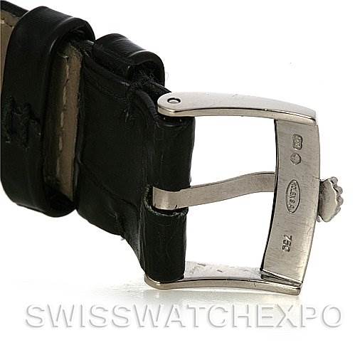 This image shows the clasp and part of the leather strap of a Rolex Cellini 5116 White Gold Black Dial 5116 White Gold Black Dial watch.