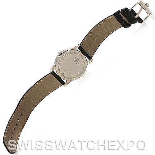 This image shows the back view of a Rolex Cellini 5116 White Gold Black Dial 5116 White Gold Black Dial watch, displaying the case back and leather strap fully extended.