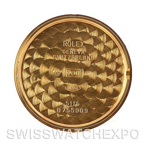 This image shows the inner case back of a Rolex Cellini 5115 Men's Yellow Gold Champagne Dial 5115 Men's Yellow Gold Champagne Dial watch, highlighting the Rolex logo, Geneva marking, and model number.