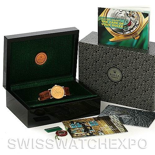 The image shows a Rolex Cellini 5115 Men's Yellow Gold Champagne Dial 5115 Men's Yellow Gold Champagne Dial watch in its box, along with the outer packaging, user manual, and various accessories.