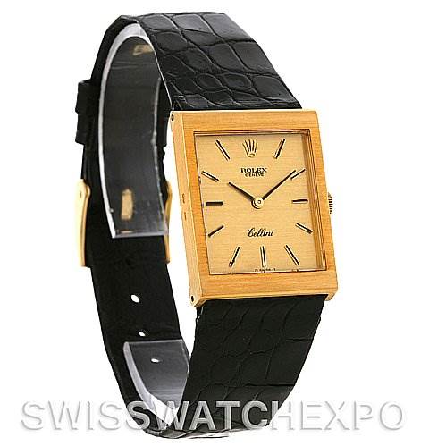 The image shows the Rolex Cellini 4014 Men's Yellow Gold Champagne Dial 4014 Men's Yellow Gold Champagne Dial watch at a slight angle, highlighting its gold square face, black leather strap, and crown detail.