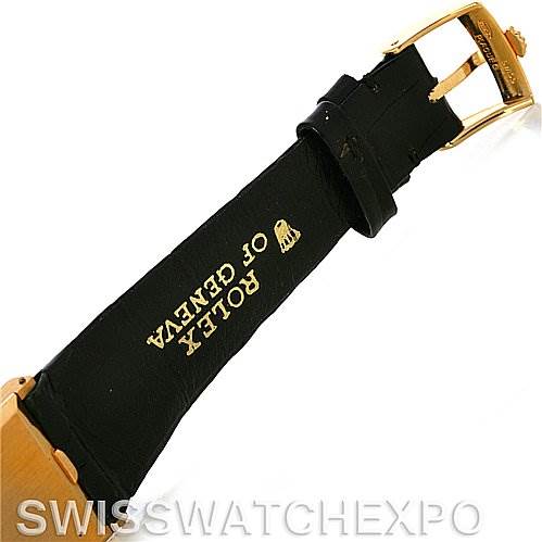 The image shows the underside of a Rolex Cellini 4014 Men's Yellow Gold Champagne Dial 4014 Men's Yellow Gold Champagne Dial watch strap, including the buckle and "Rolex of Geneva" inscription.