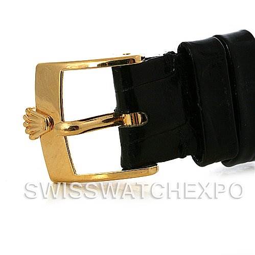 The image shows a close-up of the gold buckle and black leather strap of a Rolex Cellini 4014 Men's Yellow Gold Champagne Dial 4014 Men's Yellow Gold Champagne Dial watch.