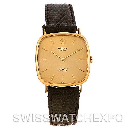 The image shows a front view of a Rolex Cellini 4114 Men's Yellow Gold Champagne Dial 4114 Men's Yellow Gold Champagne Dial watch with a gold square case and a brown leather strap.