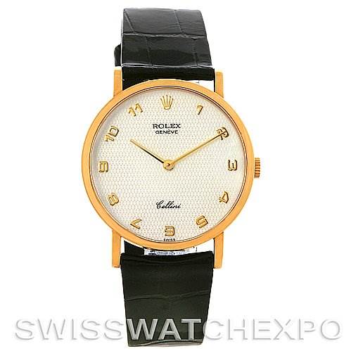 The image shows a front view of a Rolex Cellini 5112 Men's Yellow Gold Mother of Pearl Dial 5112 Men's Yellow Gold Mother of Pearl Dial watch with a gold case, white dial, and black leather strap.