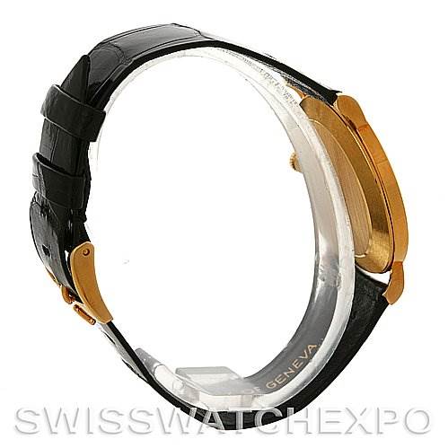 Side view of a Rolex Cellini 5112 Men's Yellow Gold Mother of Pearl Dial 5112 Men's Yellow Gold Mother of Pearl Dial watch showing the strap, clasp, and gold case.