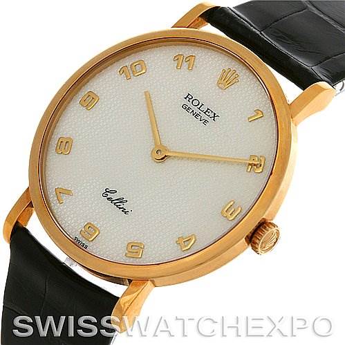 The image shows a Rolex Cellini 5112 Men's Yellow Gold Mother of Pearl Dial 5112 Men's Yellow Gold Mother of Pearl Dial watch at a three-quarter angle, highlighting the face, crown, gold case, and part of the black leather strap.
