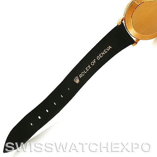 The image shows a sideways angle focusing on the strap and case back of the Rolex Cellini 5112 Men's Yellow Gold Mother of Pearl Dial 5112 Men's Yellow Gold Mother of Pearl Dial watch.