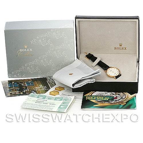 The image shows a Rolex Cellini 5112 Men's Yellow Gold Mother of Pearl Dial 5112 Men's Yellow Gold Mother of Pearl Dial model watch in its box, along with various accessories, documents, and packaging.