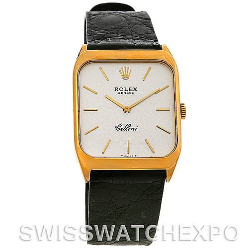 The image shows a front view of the Rolex Cellini 4135 Men's Yellow Gold Silver Dial 4135 Men's Yellow Gold Silver Dial watch, featuring a square gold case, white dial, and black leather strap.