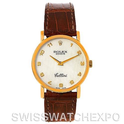 The image shows a head-on view of the Rolex Cellini 5115 Men's Yellow Gold Mother of Pearl Dial 5115 Men's Yellow Gold Mother of Pearl Dial watch, displaying its face, crown, and leather strap.