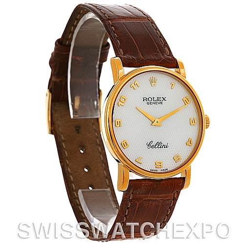 This image shows a Rolex Cellini 5115 Men's Yellow Gold Mother of Pearl Dial 5115 Men's Yellow Gold Mother of Pearl Dial watch at a slight left-side angle, displaying its face, case, and leather strap.