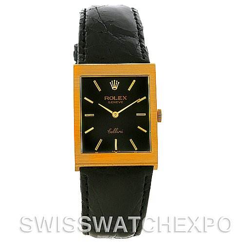 The image shows a front view of a Rolex Cellini 4014 Men's Yellow Gold Black Dial 4014 Men's Yellow Gold Black Dial watch, featuring a black dial, gold square case, and black leather strap.