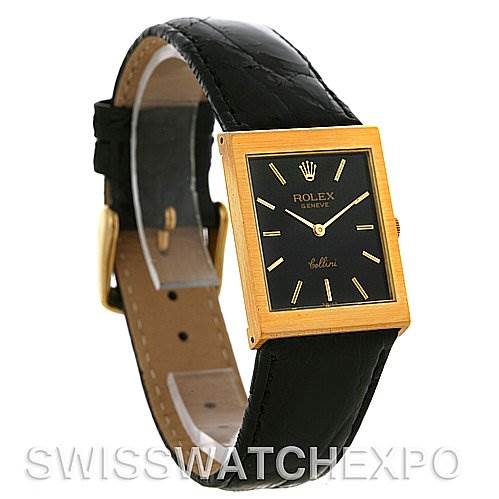 This image shows a Rolex Cellini 4014 Men's Yellow Gold Black Dial 4014 Men's Yellow Gold Black Dial watch at a three-quarter angle, highlighting its rectangular gold case and black leather strap.