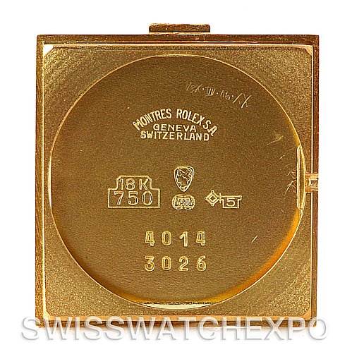 The image shows the back case of a Rolex Cellini 4014 Men's Yellow Gold Black Dial 4014 Men's Yellow Gold Black Dial model, highlighting engravings and gold markings.