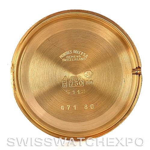 The image shows the inside of the case back of a Rolex Cellini 5112 Men's Yellow Gold White Dial 5112 Men's Yellow Gold White Dial watch, displaying the brand, model, and hallmarks.