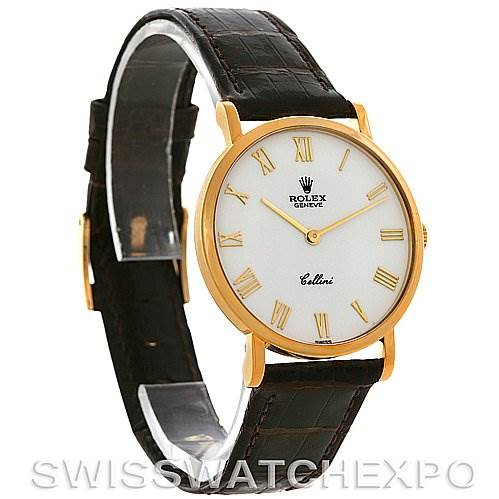 The image shows a Rolex Cellini 5112 Men's Yellow Gold White Dial 5112 Men's Yellow Gold White Dial watch at a slight angle, displaying the face, Roman numerals, and brown leather strap.