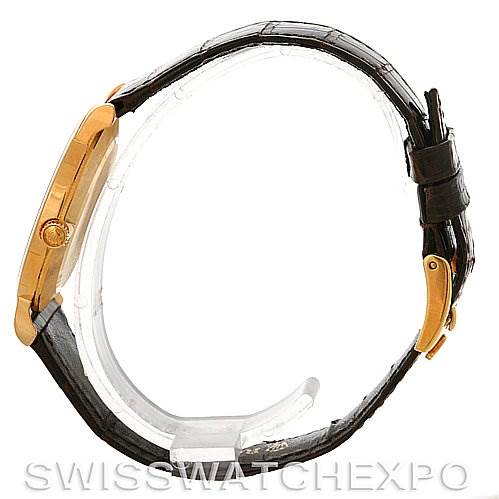 The image shows a side view of a Rolex Cellini 5112 Men's Yellow Gold White Dial 5112 Men's Yellow Gold White Dial watch, highlighting the case, crown, and leather strap.