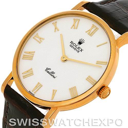The image shows the face and part of the leather strap of the Rolex Cellini 5112 Men's Yellow Gold White Dial 5112 Men's Yellow Gold White Dial watch at a slight angle.